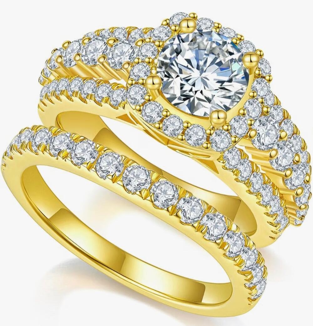 Moissanite Ring Set Size 5 925 Sterling Silver 14K Gold Plated 2.65CT New